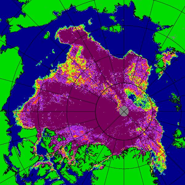 University of Bremen colour visualisation of Arctic sea ice concentration for September 2nd 2013