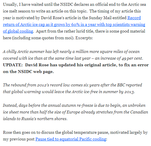 An extract from Judith Curry's blog article "Arctic sea ice minimum?" on October 13th 2013