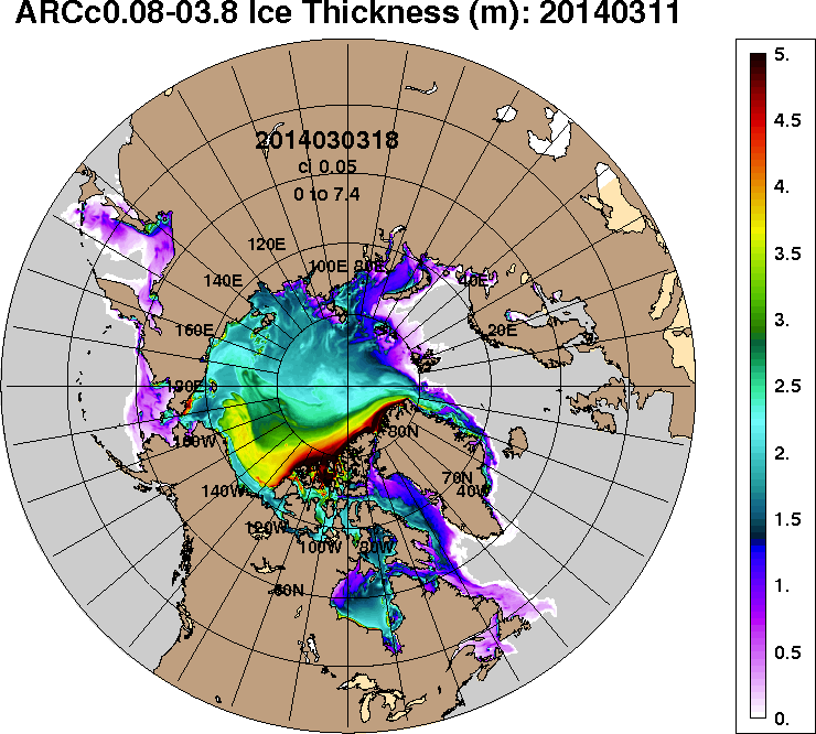 ACNFS forecast for Arctic sea ice thickness on March 11th 2014, from the March 3rd model run