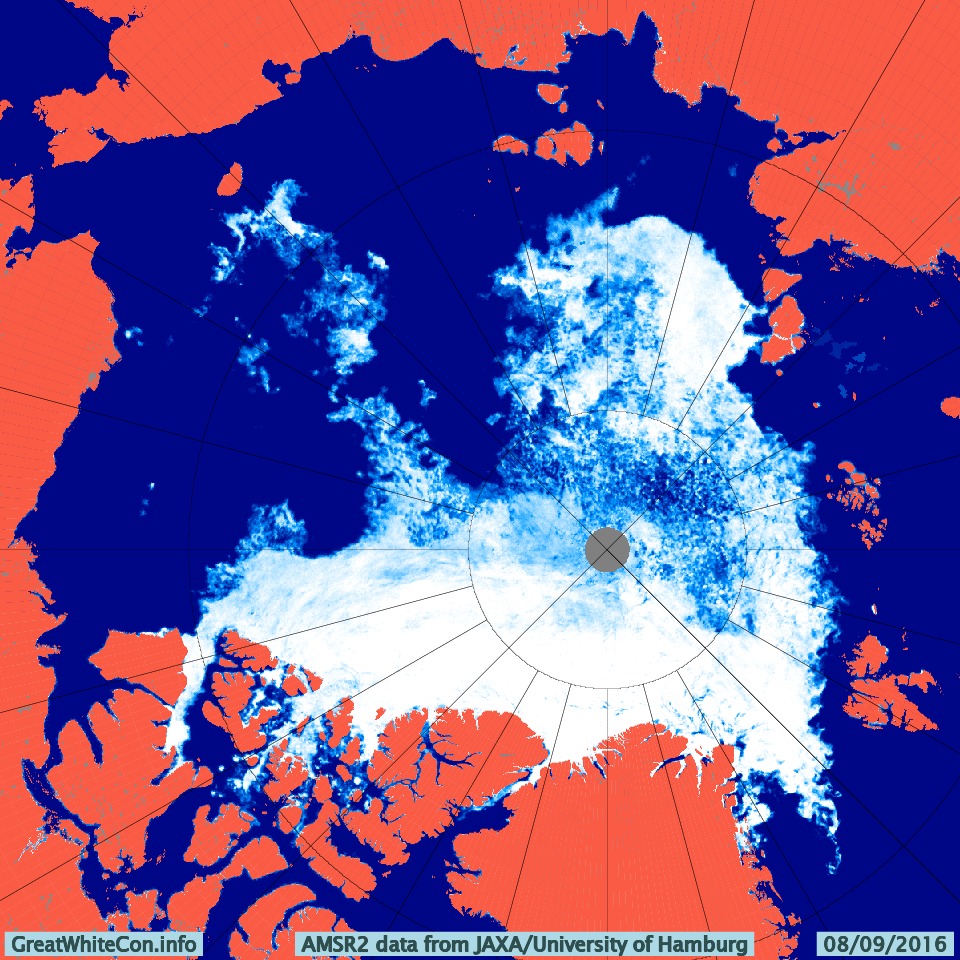 AMSR2 Arctic sea ice concentration on September 8th 2016 from the University of Hamburg