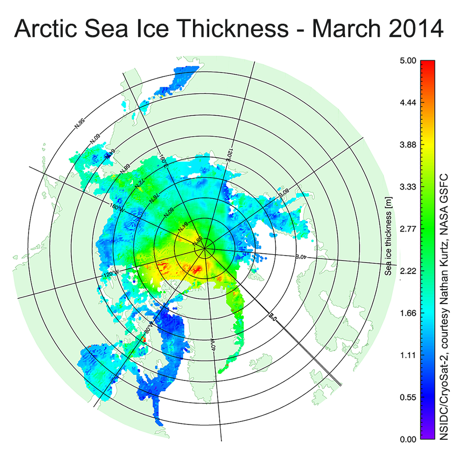CryoSat 2 Arctic sea ice thickness for March 2014
