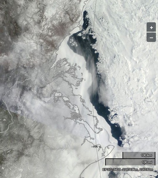NASA Worldview “true-color” image of the Beaufort Sea off the Mackenzie Delta on May 12th 2014, derived from bands 1, 4 and 3 of the MODIS sensor on the Terra satellite