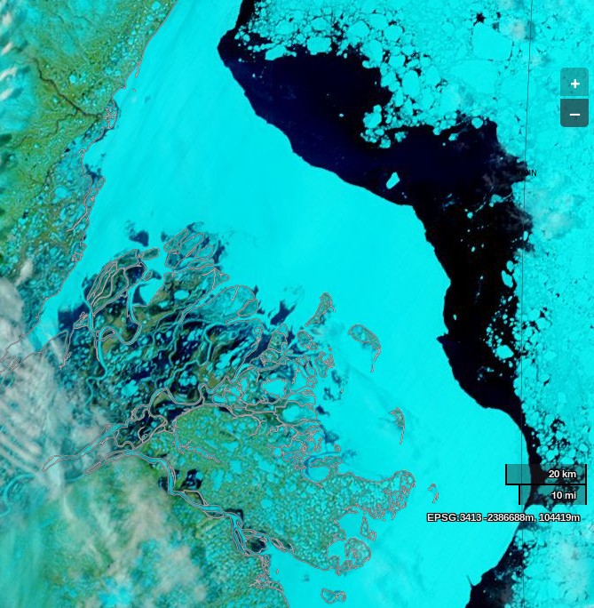 NASA Worldview image of the Beaufort Sea and the MacKenzie Delta on May 26th 2014, derived from bands 7, 2 and 1 of the MODIS sensor on the Terra satellite