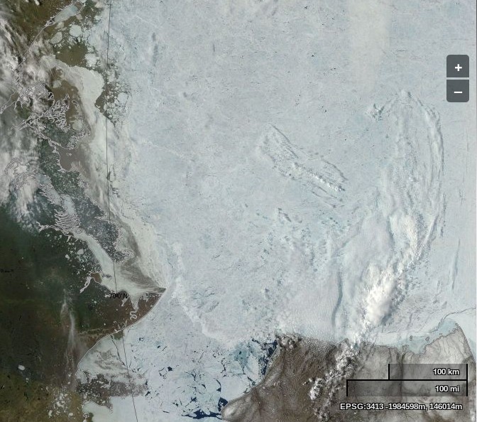 NASA Worldview “true-color” image of the Beaufort Sea on June 21st 2013, derived from bands 1, 4 and 3 of the MODIS sensor on the Terra satellite
