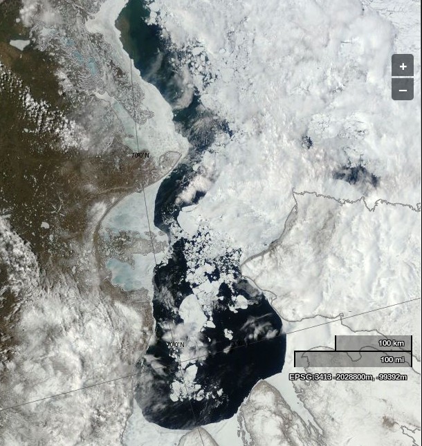 NASA Worldview “true-color” image of the Beaufort Sea and Amundsen Gulf on June 8th 2014, derived from bands 1, 4 and 3 of the MODIS sensor on the Terra satellite