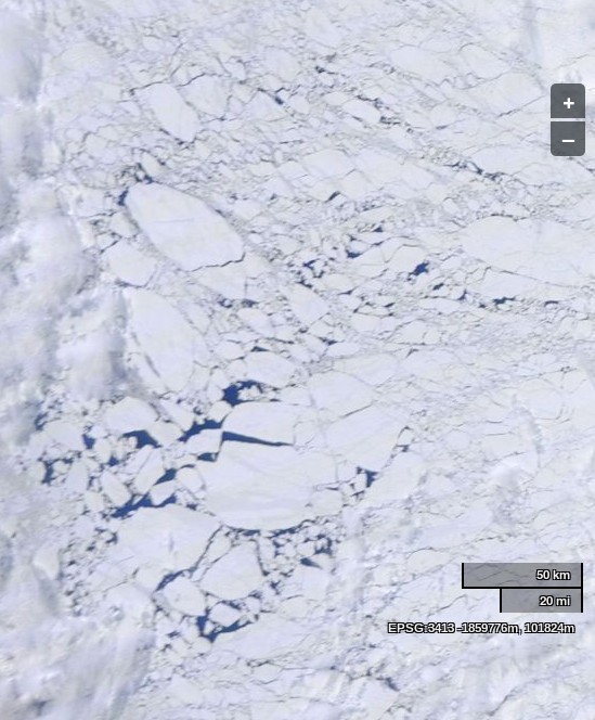 NASA Worldview “true-color” image of the Beaufort Sea on June 11th 2014, derived from bands 1, 4 and 3 of the MODIS sensor on the Terra satellite