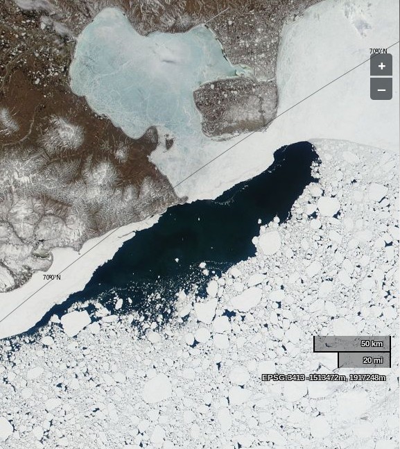 NASA Worldview “true-color” image of the East Siberian Sea on June 11th 2014, derived from bands 1, 4 and 3 of the MODIS sensor on the Terra satellite