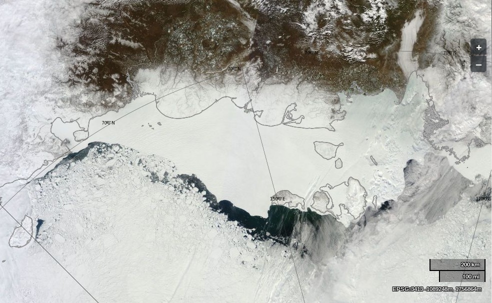 NASA Worldview “true-color” image of the East Siberian Sea on June 1st 2014, derived from bands 1, 4 and 3 of the MODIS sensor on the Terra satellite