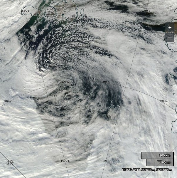 NASA Worldview “true-color” image of a cyclone over the Laptev Sea on August 26th 2014, derived from bands 1, 4 and 3 of the MODIS sensor on the Aqua satellite