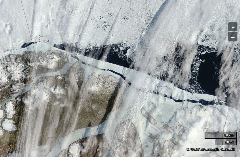 NASA Worldview “true-color” image of northern Greenland on July 9th 2014, derived from bands 1, 4 and 3 of the MODIS sensor on the Aqua satellite