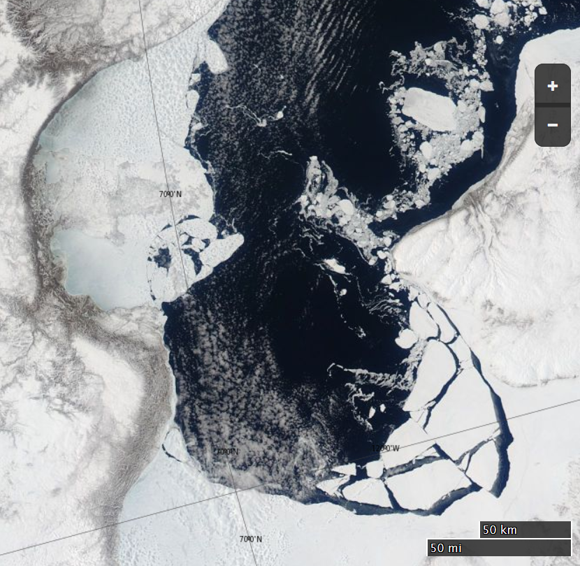 NASA Worldview “true-color” image of the Amundsen Gulf on May 15th 2015, derived from bands 1, 4 and 3 of the MODIS sensor on the Aqua satellite