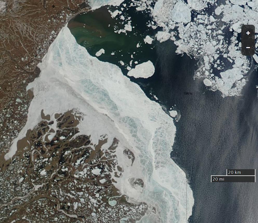 NASA Worldview “true-color” image of the Beaufort Sea off the Mackenzie Delta on May 23rd 2015, derived from bands 1, 4 and 3 of the MODIS sensor on the Aqua satellite