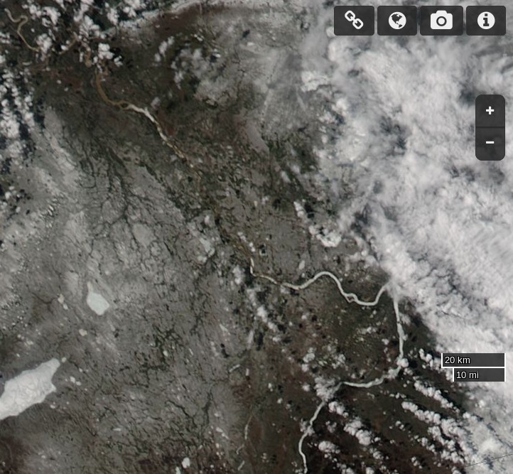 NASA Worldview “true-color” image of the confluence of the Liard and Mackenzie rivers on April 29th 2015, using the MODIS sensor on the Aqua satellite