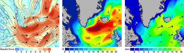 The North Atlantic surf forecast for March 7th 2015. Wind / Waves / Period