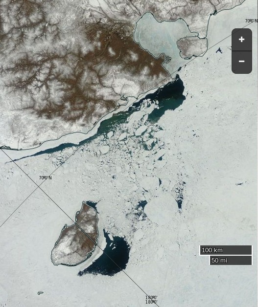 NASA Worldview “true-color” image of the East Siberian Sea near Wrangel Island on June 3rd 2015, derived from bands 1, 4 and 3 of the MODIS sensor on the Terra satellite