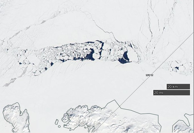 NASA Worldview “true-color” image of broken ice north of Ellesmere Island on June 4th 2015, derived from bands 1, 4 and 3 of the MODIS sensor on the Aqua satellite