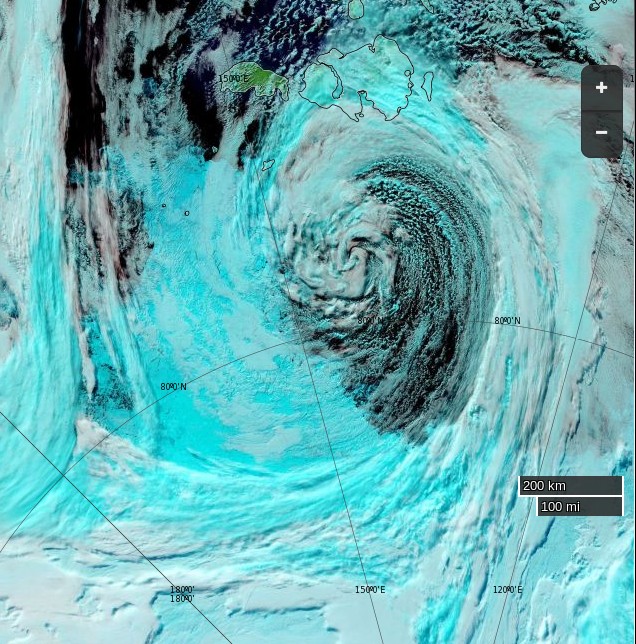 NASA Worldview “false-color” image of the “Laptev Bite” on September 3rd 2015, derived from bands 7, 2 and 1 of the MODIS sensor on the Aqua satellite