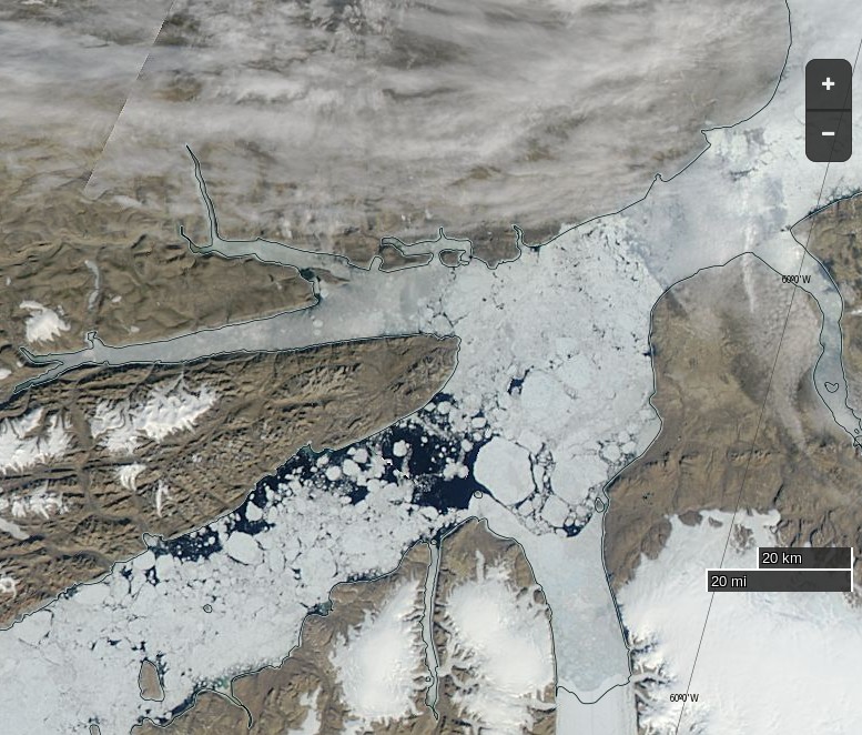 NASA Worldview “true-color” image of the Nares Strait breaking up on July 7th 2015, derived from bands 1, 4 and 3 of the MODIS sensor on the Aqua satellite