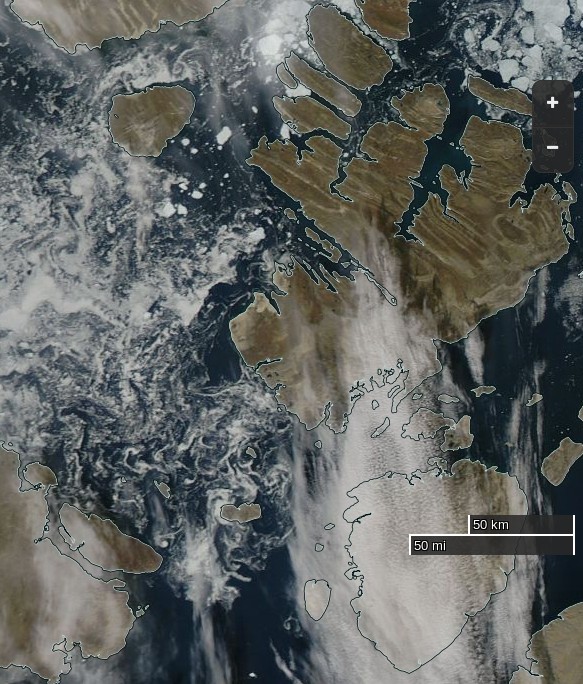 NASA Worldview “false-color” image of the Parry Channel on August 29th 2015, derived from bands 3, 6 and 7 of the MODIS sensor on the Aqua satellite