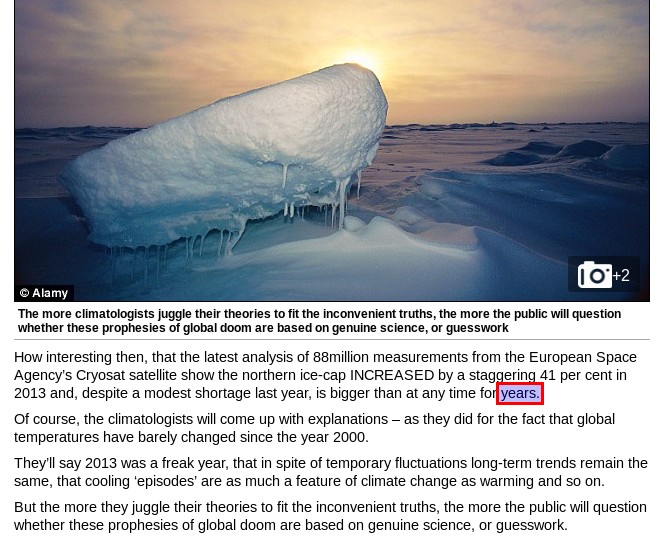 Online version of the Daily Mail's "Climate change and an inconvenient truth" editorial comment captured on July 24th 2015