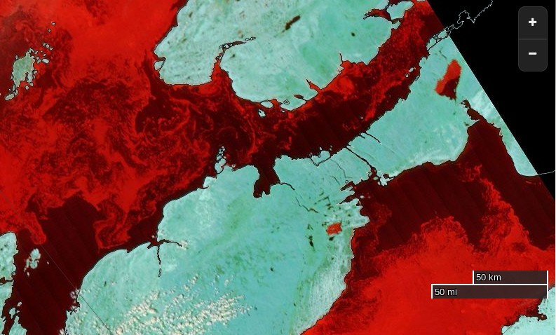 NASA Worldview “false-color” image of the Northwest Passage on August 13th 2015, derived from bands 7, 2 and 1 of the MODIS sensor on the Terra satellite