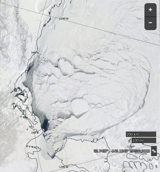 NASA Worldview “true-color” image of the Beaufort Sea on April 9th 2016, derived from the MODIS sensor on the Terra satellite