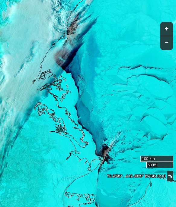 NASA Worldview “false-color” image of the Beaufort Sea on February 26th 2016, derived from the MODIS sensor on the Terra satellite