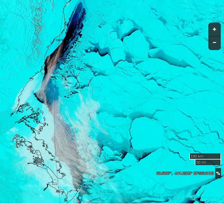NASA Worldview “false-color” image of the Beaufort Sea on April 12th 2016, derived from the MODIS sensor on the Terra satellite
