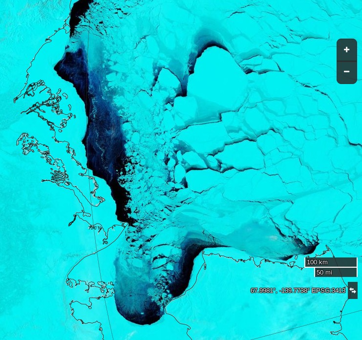 NASA Worldview “false-color” image of the Beaufort Sea on April 21st 2016, derived from the MODIS sensor on the Terra satellite