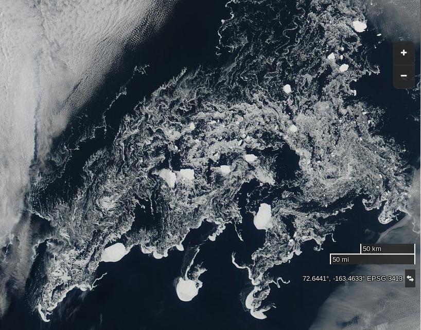 NASA Worldview “true-color” image of remnants of ice in the Chukchi Sea on September 14th 2015, derived from the MODIS sensor on the Aqua satellite