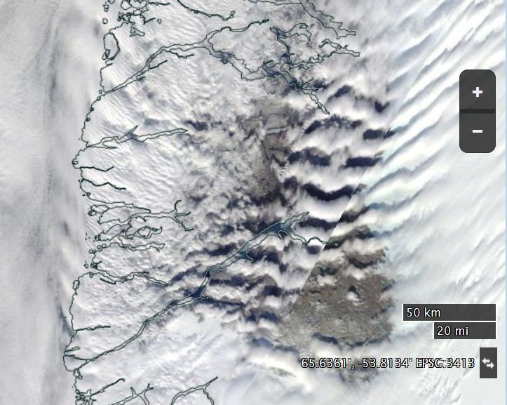 NASA Worldview “true-color” image of South West Greenland on April 12th 2016, derived from the MODIS sensor on the Terra satellite