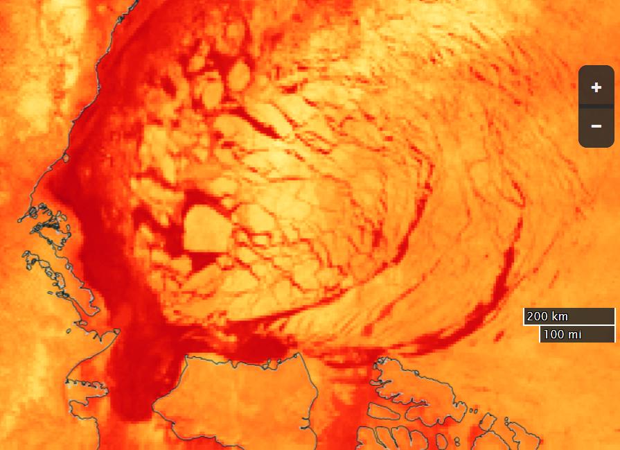 NASA Worldview brightness temperature image of the Beaufort Sea on April 16th 2016, derived from the AMSR2 sensor on the Shizuku satellite
