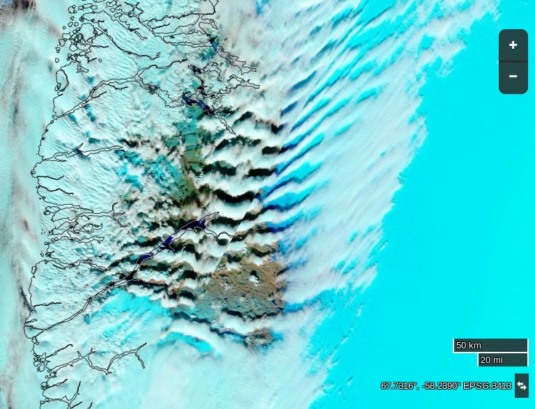 NASA Worldview “false-color” image of South West Greenland on April 12th 2016, derived from the MODIS sensor on the Terra satellite