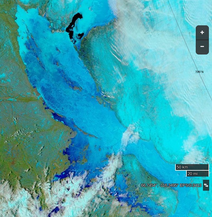 NASA Worldview “false-color” image of the Northwest Passage on June 3rd 2016, derived from the MODIS sensor on the Aqua satellite