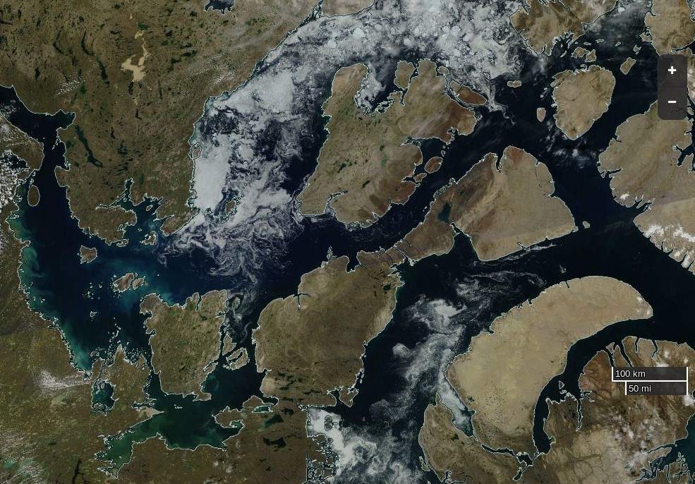 NASA Worldview “true-color” image of the Northwest Passage on August 9th 2016, derived from the MODIS sensor on the Terra satellite