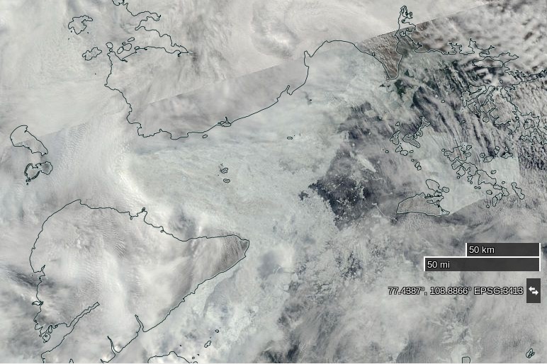 NASA Worldview “true-color” image of the Vilkitsky Strait on July 23rd 2016, derived from the MODIS sensor on the Terra satellite