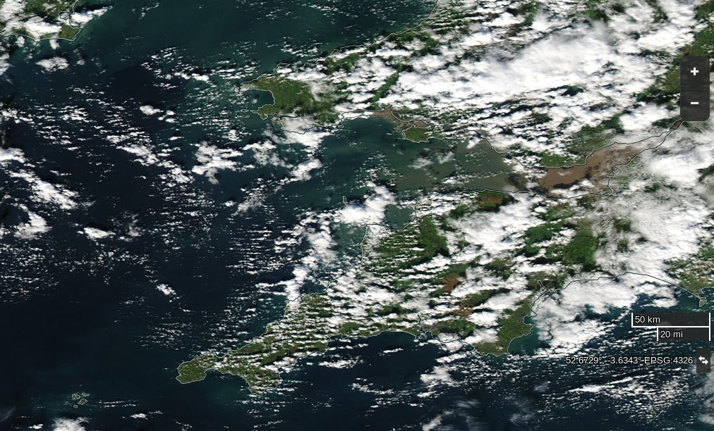 NASA Worldview “true-color” image of the South West England on October 17th 2016, derived from the MODIS sensor on the Aqua satellite