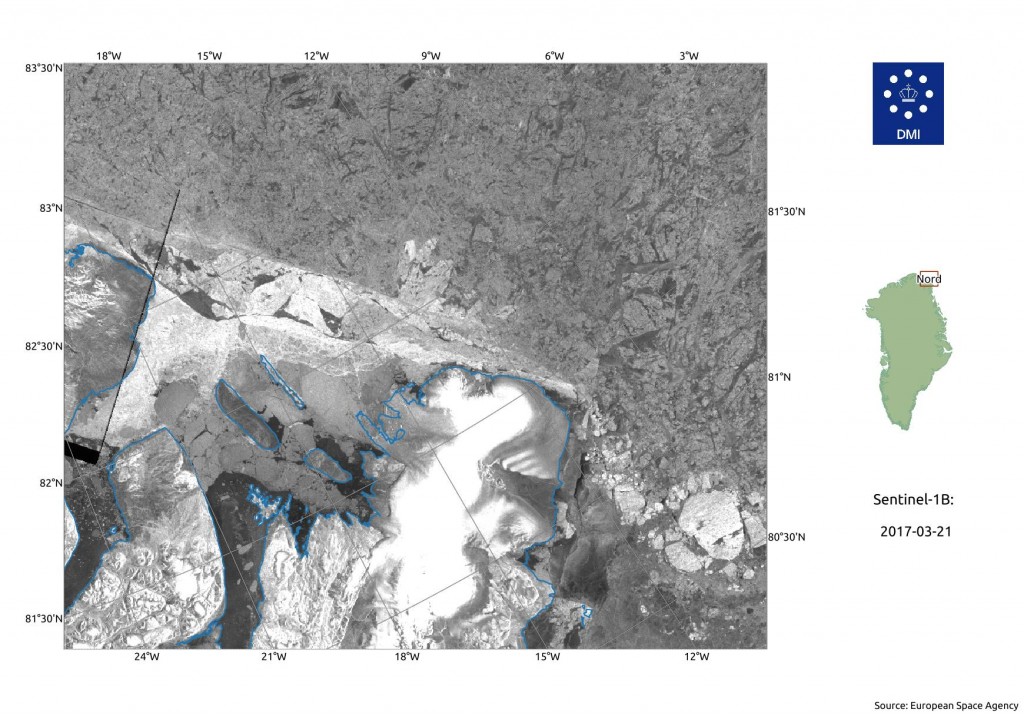 Synthetic aperture radar image of the Wandel Sea on March 21st 2017, from the ESA Sentinel 1B satellite