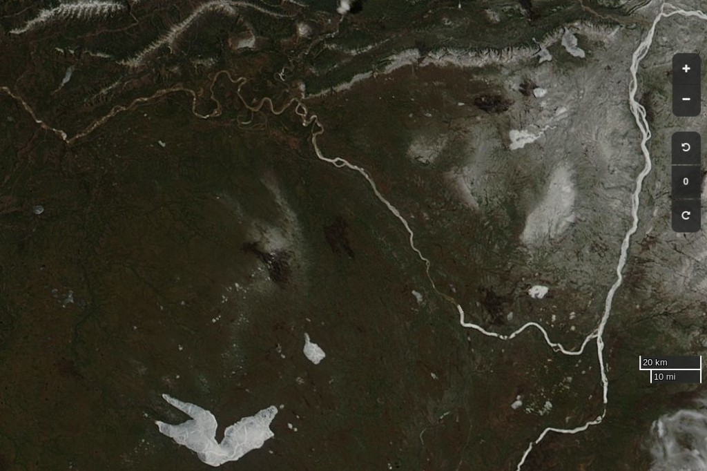 NASA Worldview “true-color” image of the Liard and Mackenzie Rivers on May 2nd 2016, derived from the MODIS sensor on the Aqua satellite