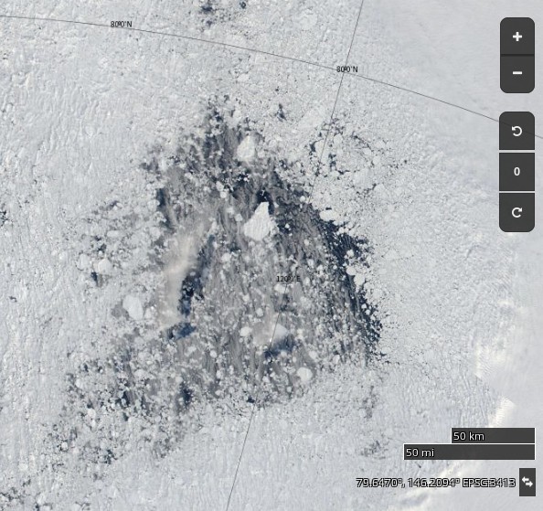 NASA Worldview “true-color” image of the "Laptev Bite" polynya on August 10th 2017