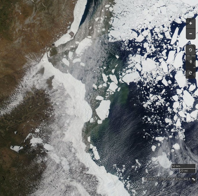 NASA Worldview “true-color” image of the Mackenzie on June 10th 2017, derived from the MODIS sensor on the Aqua satellite