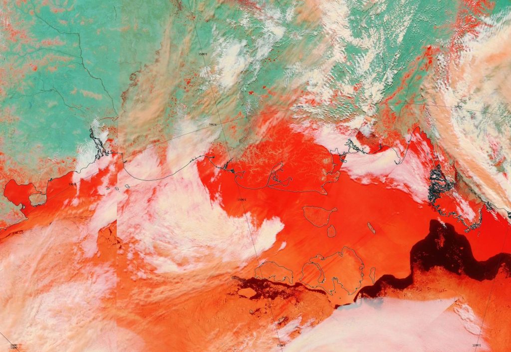 NASA Worldview “false-color” image of the Eastern Arctic on May 25th 2012, derived from the MODIS sensor on the Terra satellite