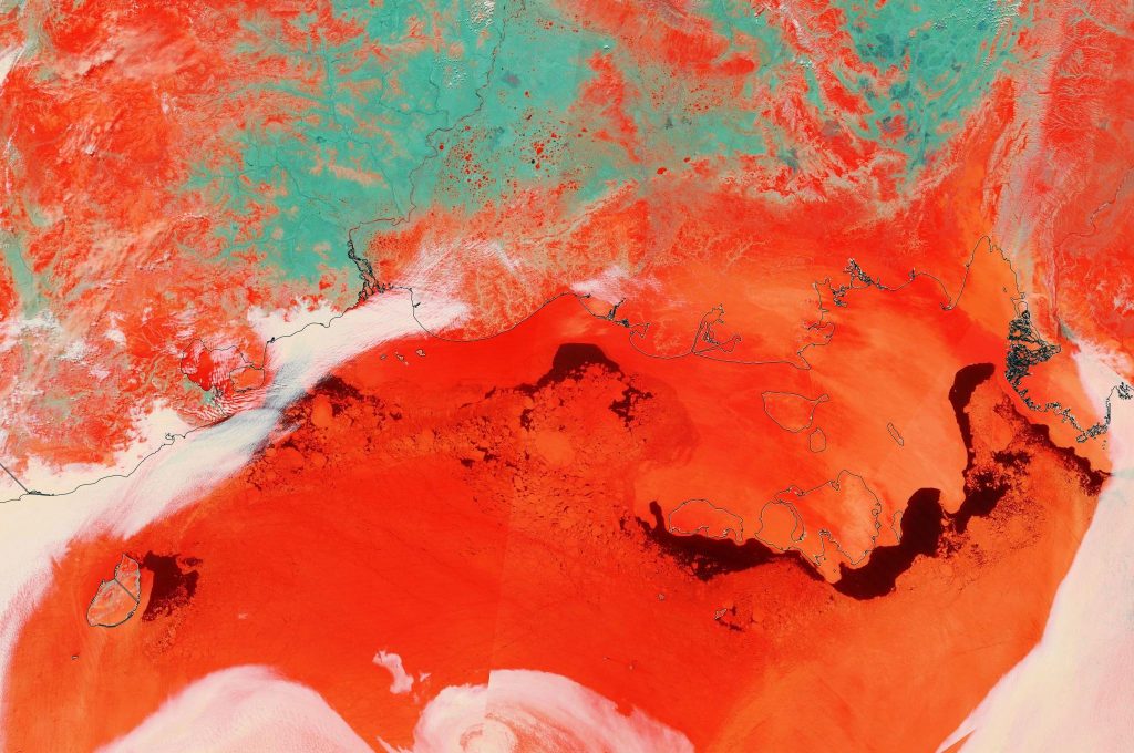 NASA Worldview “false-color” image of the East Siberian Sea on May 18th 2020, derived from the MODIS sensor on the Terra satellite