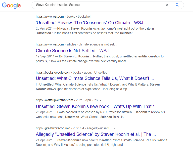 Search results for Steven Koonin's "Unsettled Science" book